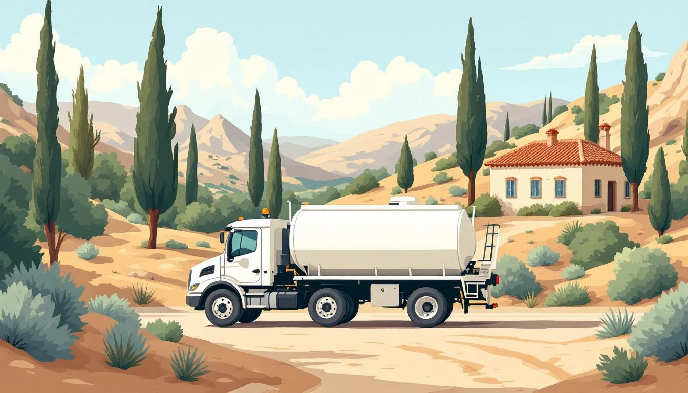 Camion-citerne d'assainissement sur un chemin provencal dans le Var, illustration aquarelle