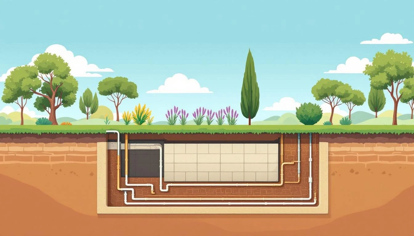 Schema en coupe d'une fosse septique installee dans un jardin mediterraneen, illustration aquarelle