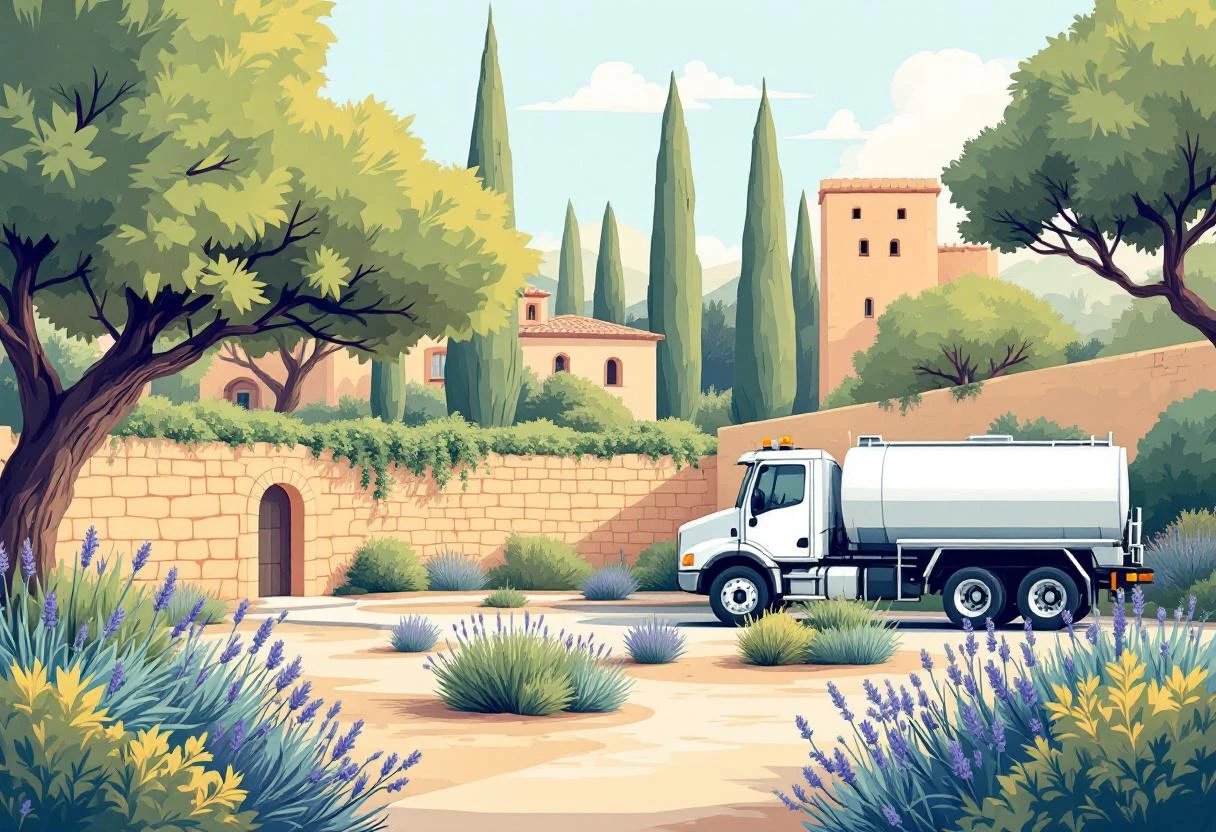 Technicien d'assainissement effectuant une vidange de fosse septique a Cogolin, illustration aquarelle